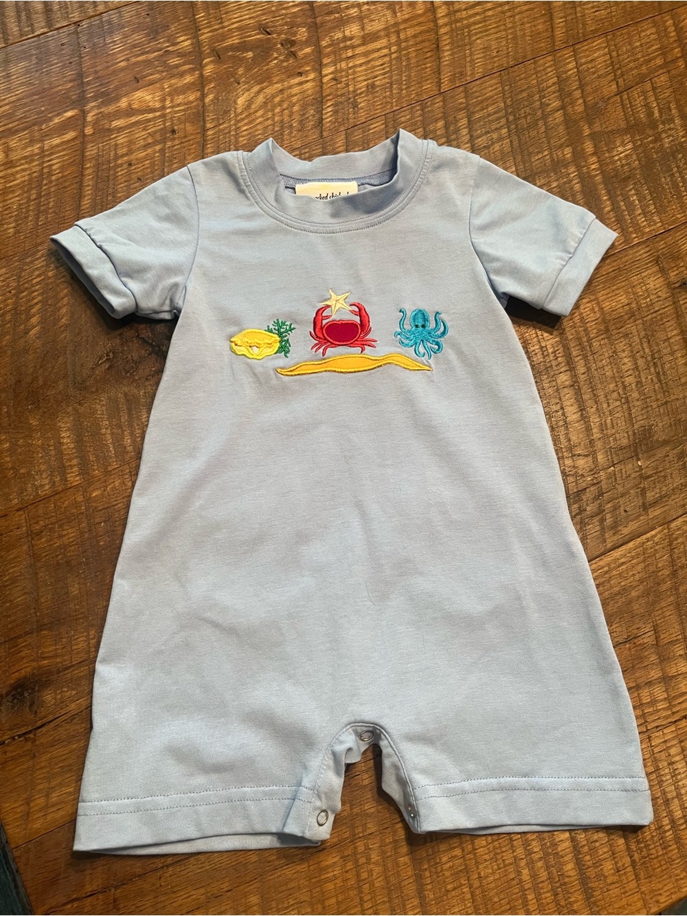 Light Blue Baby Romper with Colorful Sea Embroidery